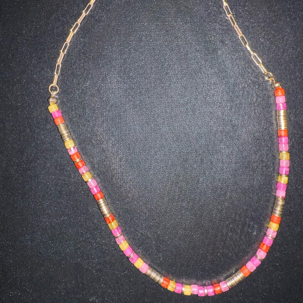 Red and Pink Beaded Necklace with Gold Chain